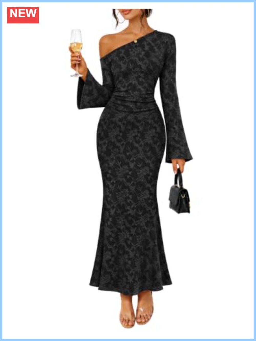 Women's Lace Off Shoulder Maxi Dress Bell Sleeve Mermaid Bodycon Formal